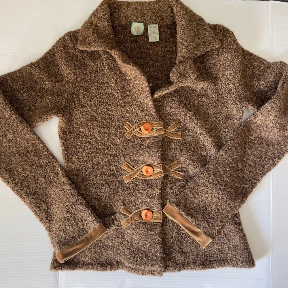 Anthropologie HWR Brown Boucle Knit Gold Velvet Trim Fitted Cardigan Sweater Sm - Picture 3 of 8